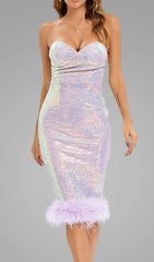 Glamorous Iridescent Purple Sequin Feather Strapless Midi Dress