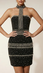 Aelithar Sparkling Halterneck Pearl & Rhinestone Mini Dress