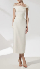 Giang Elegant White Asymmetrical Lace Shoulder Midi Dress