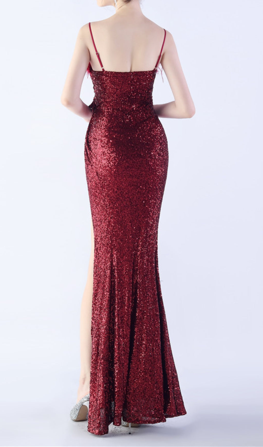 Chroma Wine Red Sequin & Feather High Slit Maxi Dress