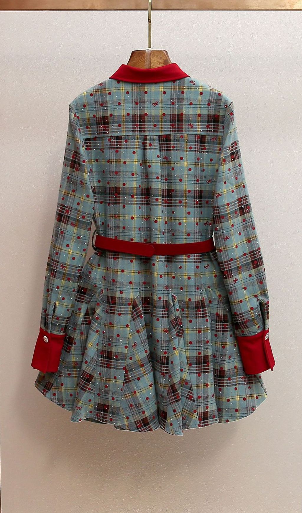Humla Plaid Bow Mini Dress with Red Collar & Belt
