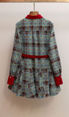 Humla Plaid Bow Mini Dress with Red Collar & Belt