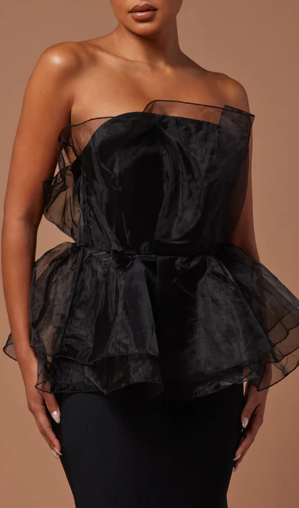 Cedrica Black Strapless Mesh Peplum Maxi Bandage Gown