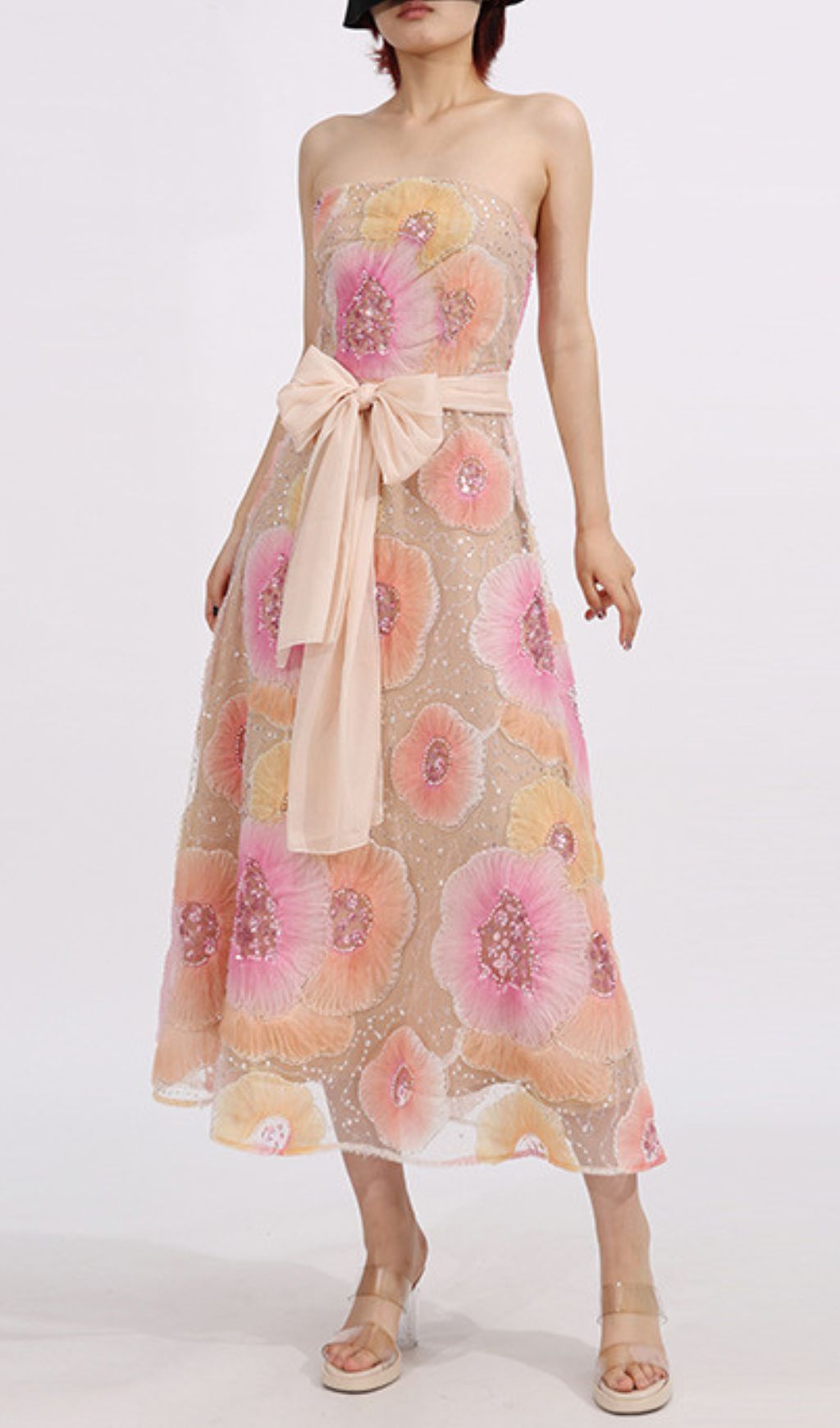 Elowyn Dazzling Floral Sequin Strapless Midi Dress