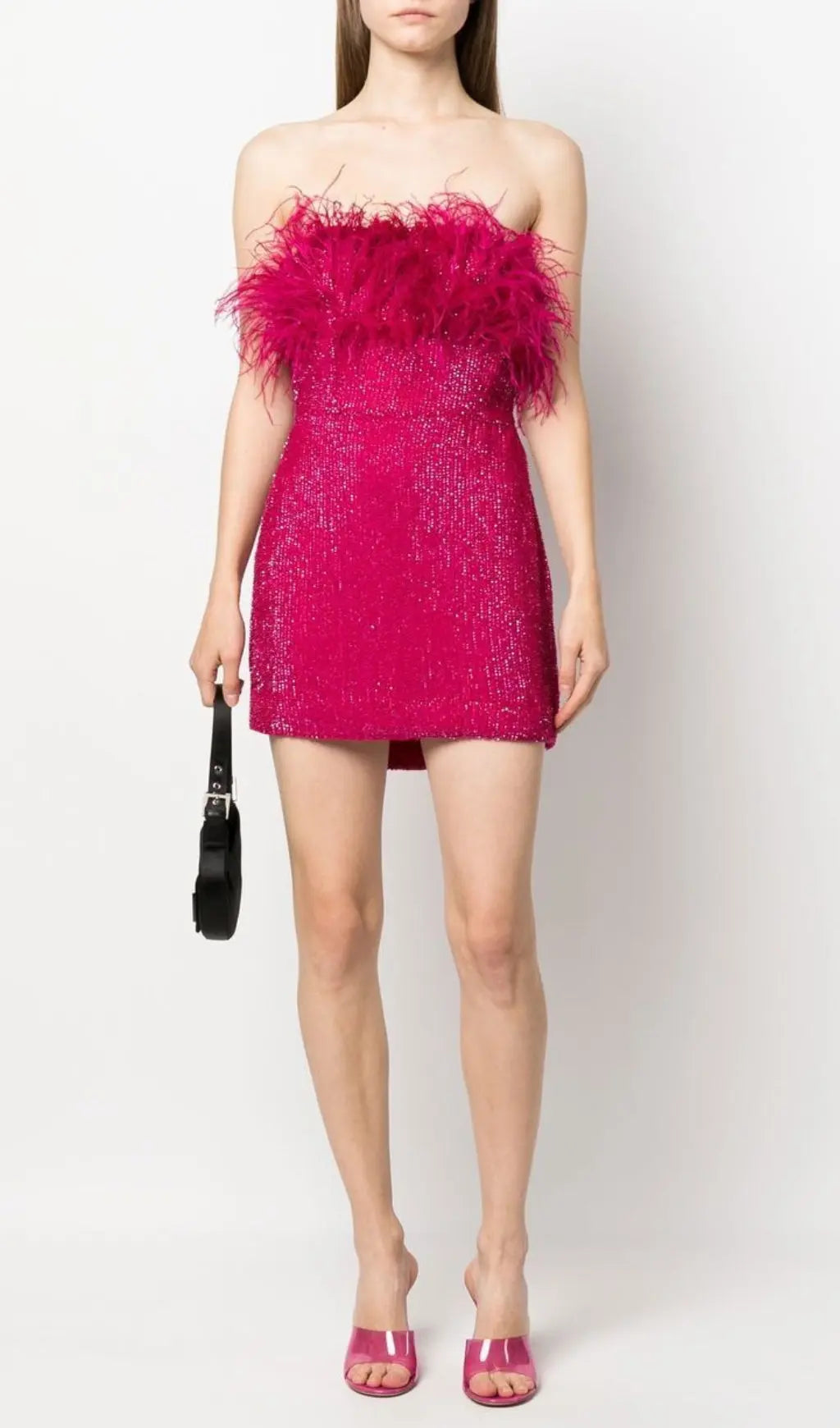 Hot Pink Sequin Feather Strapless Mini Dress