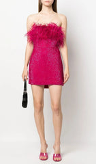 Hot Pink Sequin Feather Strapless Mini Dress