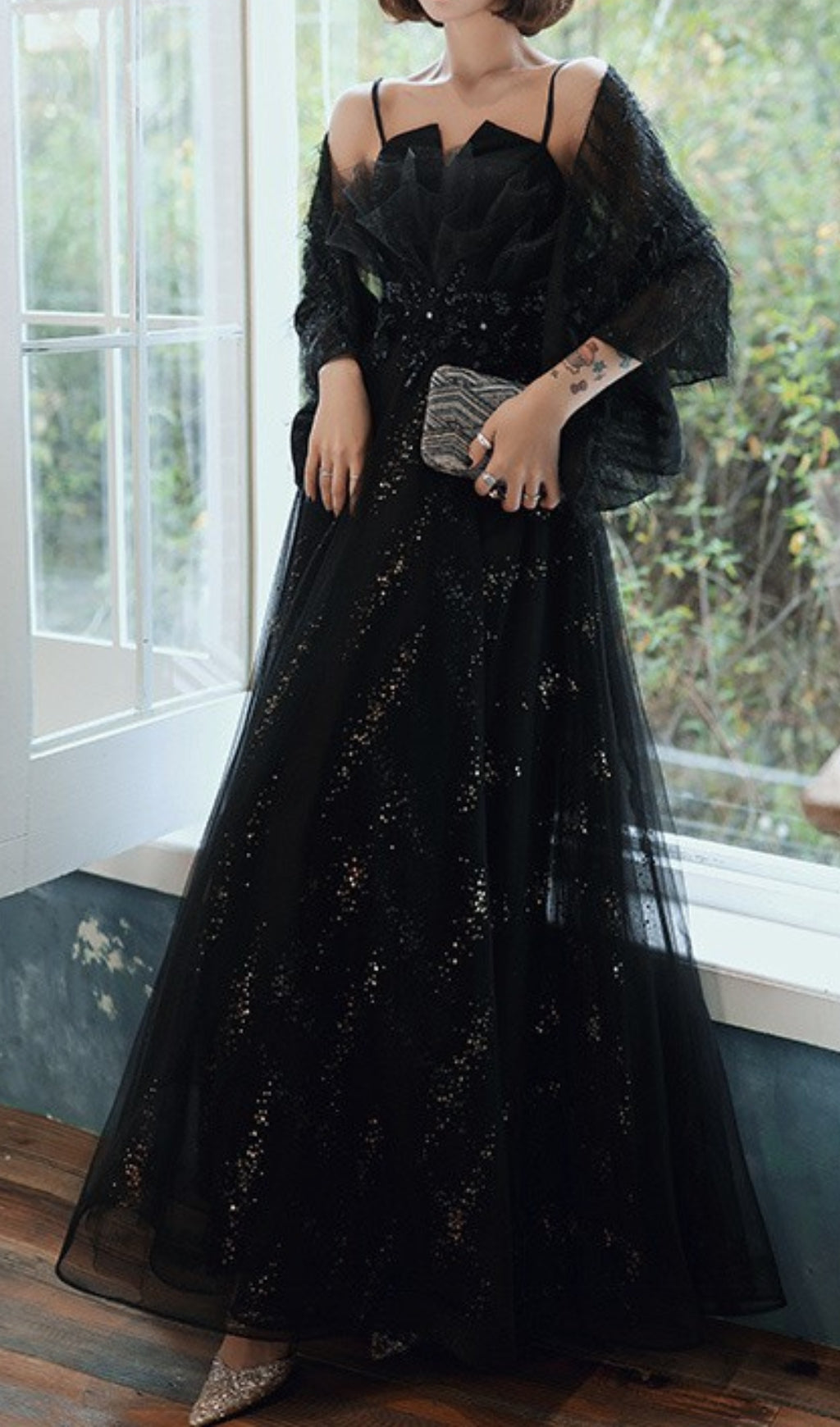Chiye Starlit Black Tulle Maxi Dress