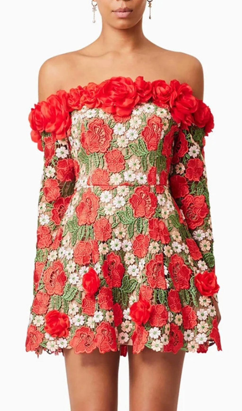 Ellasyn Enchanting Red Rose Embroidered Off-Shoulder Long Sleeve Mini Dress