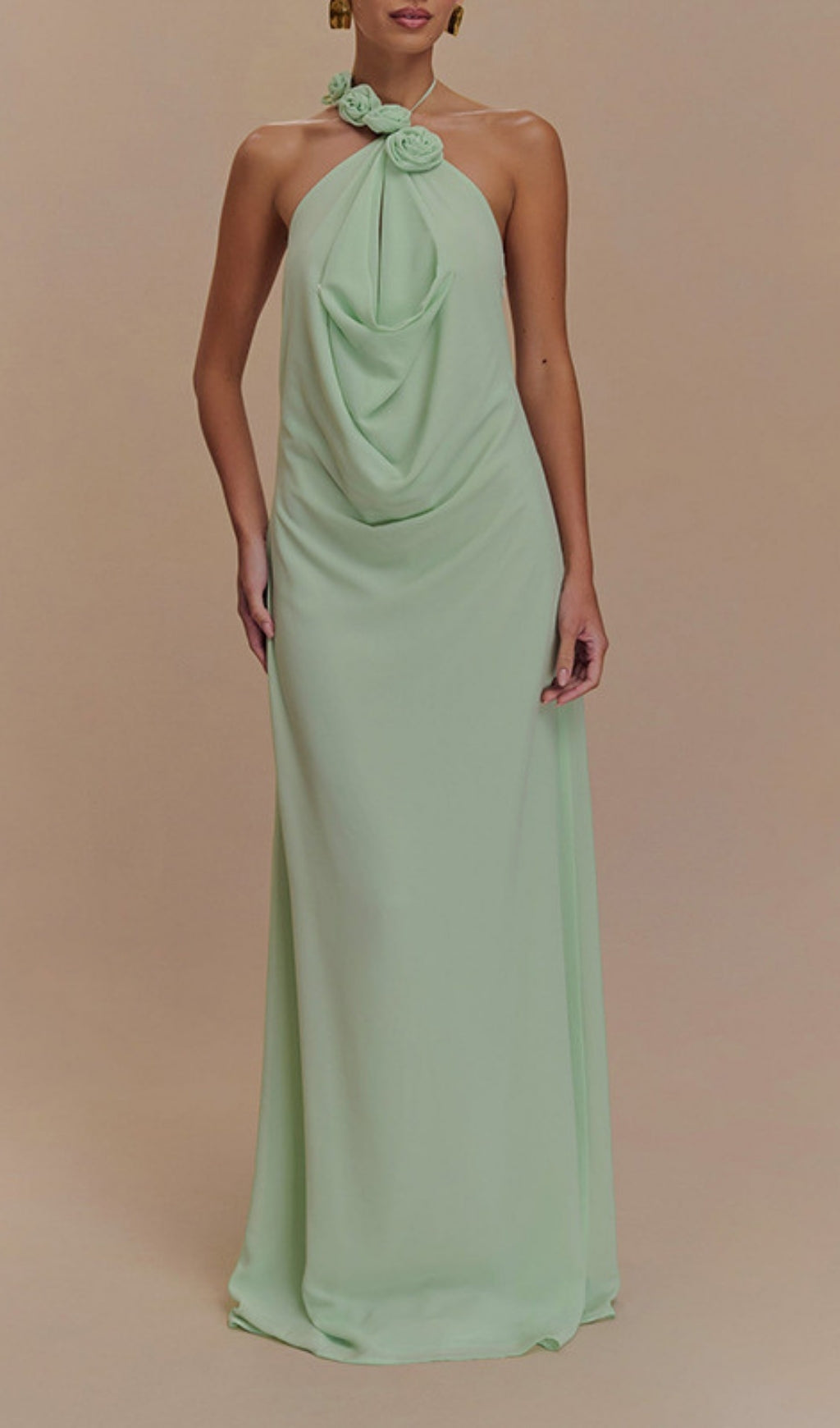 Eun Green Floral Halter Cowl Neck Maxi Dress