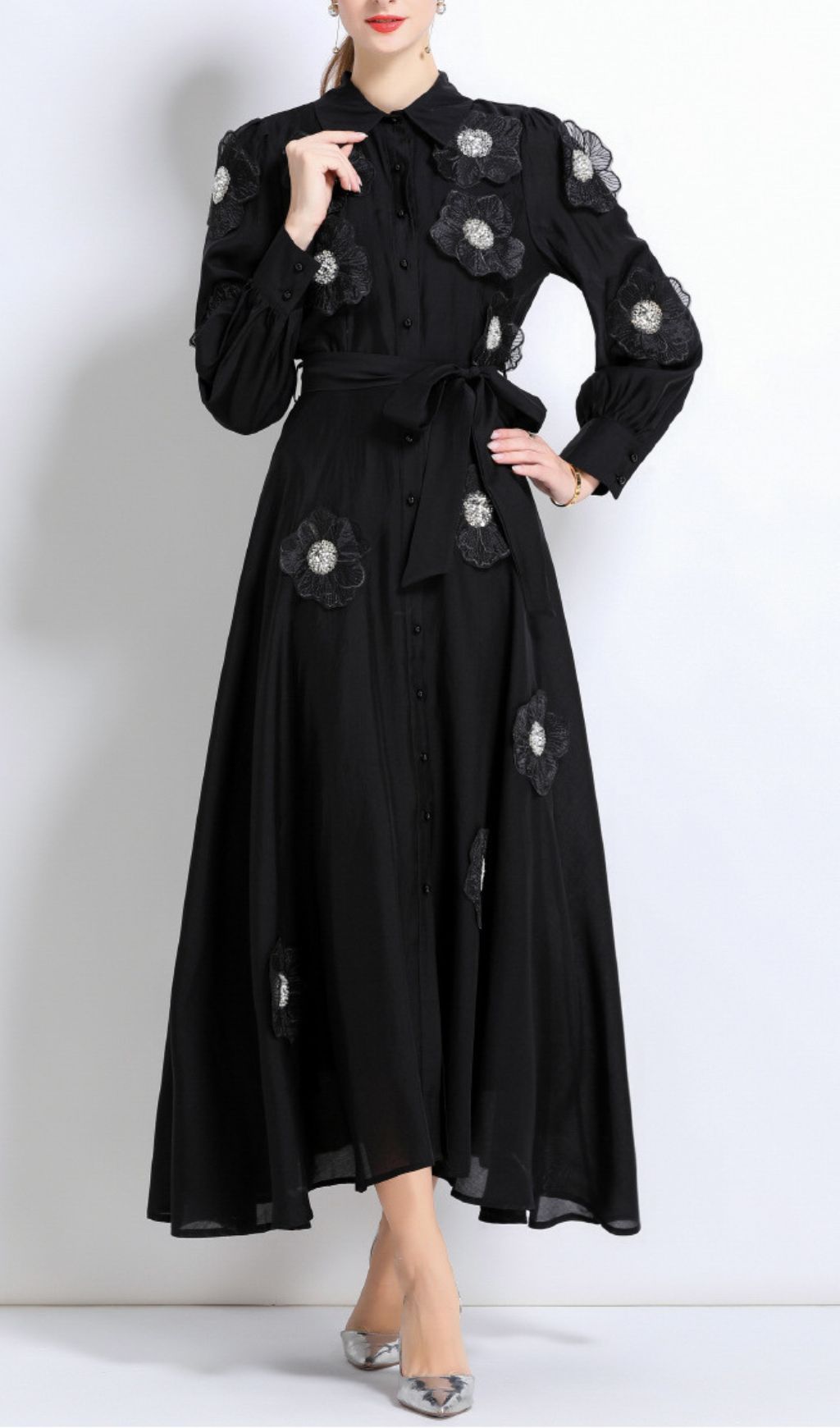 Holly Black Floral Embellished Long Sleeve Midi Dress for Women