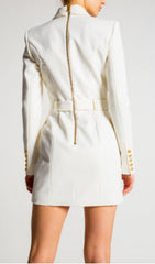 Chic White Belted Blazer Mini Dress with Gold-Tone Buttons