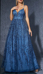 Stunning Dionne Navy Floral Embroidered V-Neck Maxi Gown