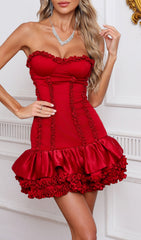 Diya Red Strapless Ruffled Satin Mini Dress