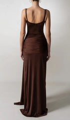 Grazina Elegant Coffee Ruched Maxi Dress