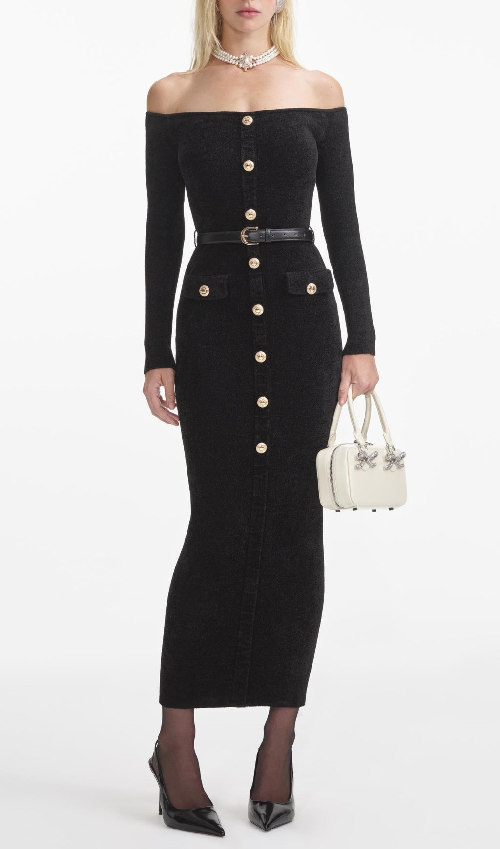 Elegant Off-Shoulder Black Chenille Knit Midi Dress with Gold Buttons