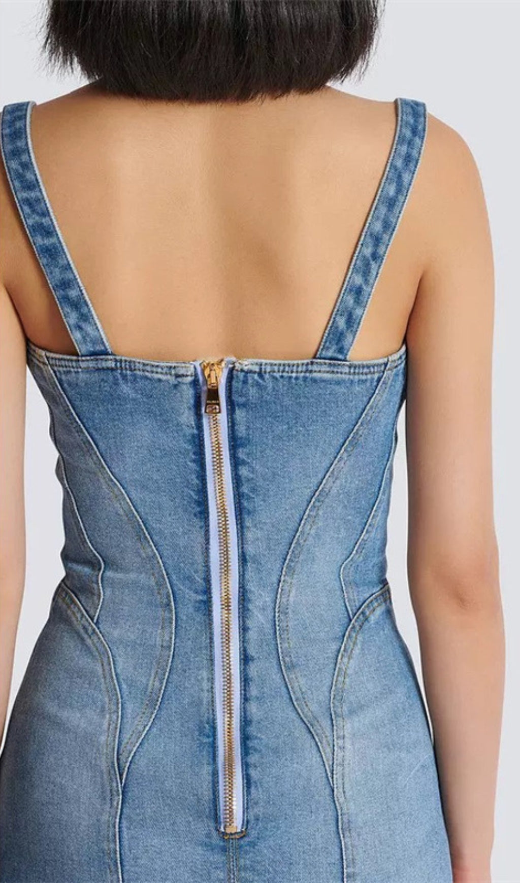 Figure-Flattering Gold-Tone Button Denim Mini Dress