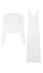 Jackie White Ribbed Knit Maxi Dress & Cardigan Set