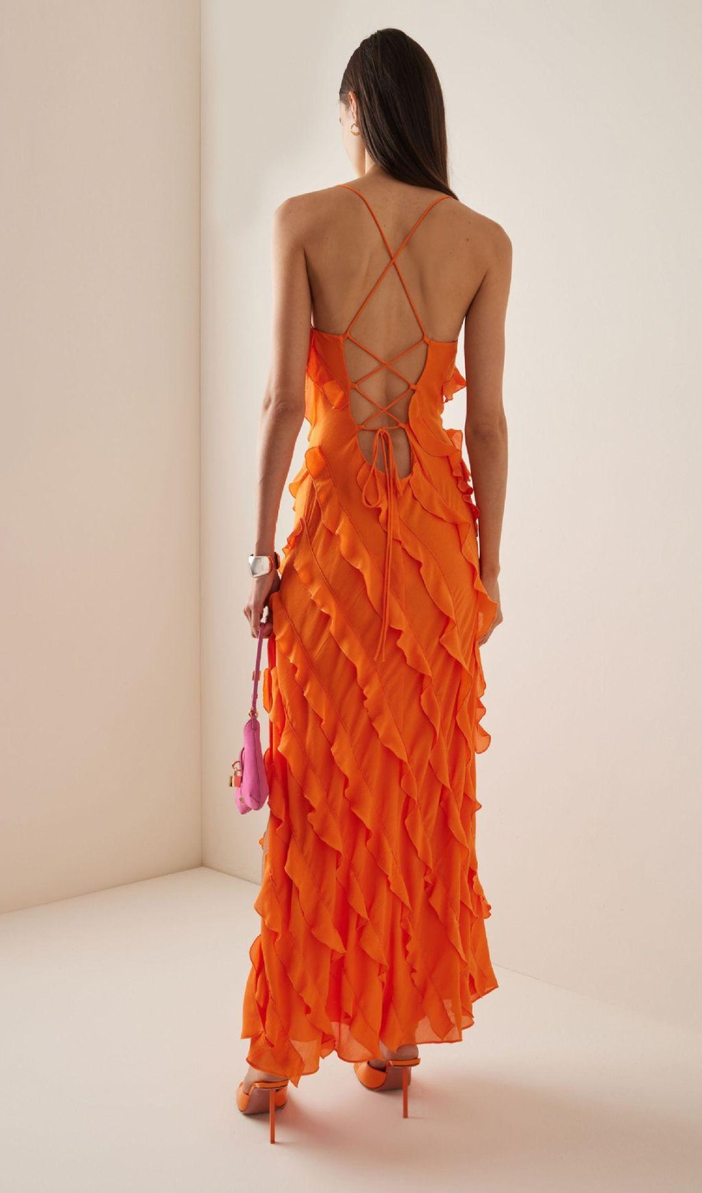 Vibrant Orange Ruffled Maxi Dress with Adjustable Straps & Side Slit