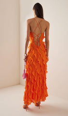 Vibrant Orange Ruffled Maxi Dress with Adjustable Straps & Side Slit