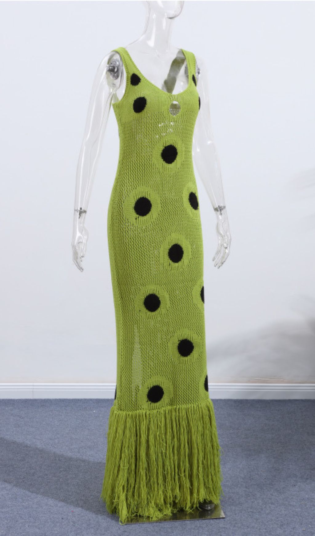 Gaelion Vibrant Green Polka Dot Fringe Knitted Midi Dress