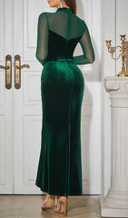 Exquisite Green Velvet Bustier Maxi Dress with Sparkling Chain Detail