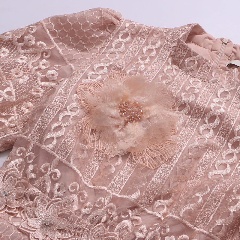 Ivah Romantic Blush Pink Floral Lace Midi Dress