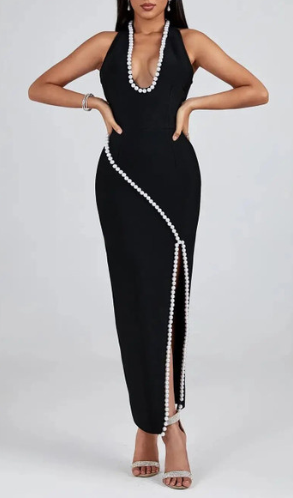 Aglaia Black Pearl Halter Maxi Dress with High Slit