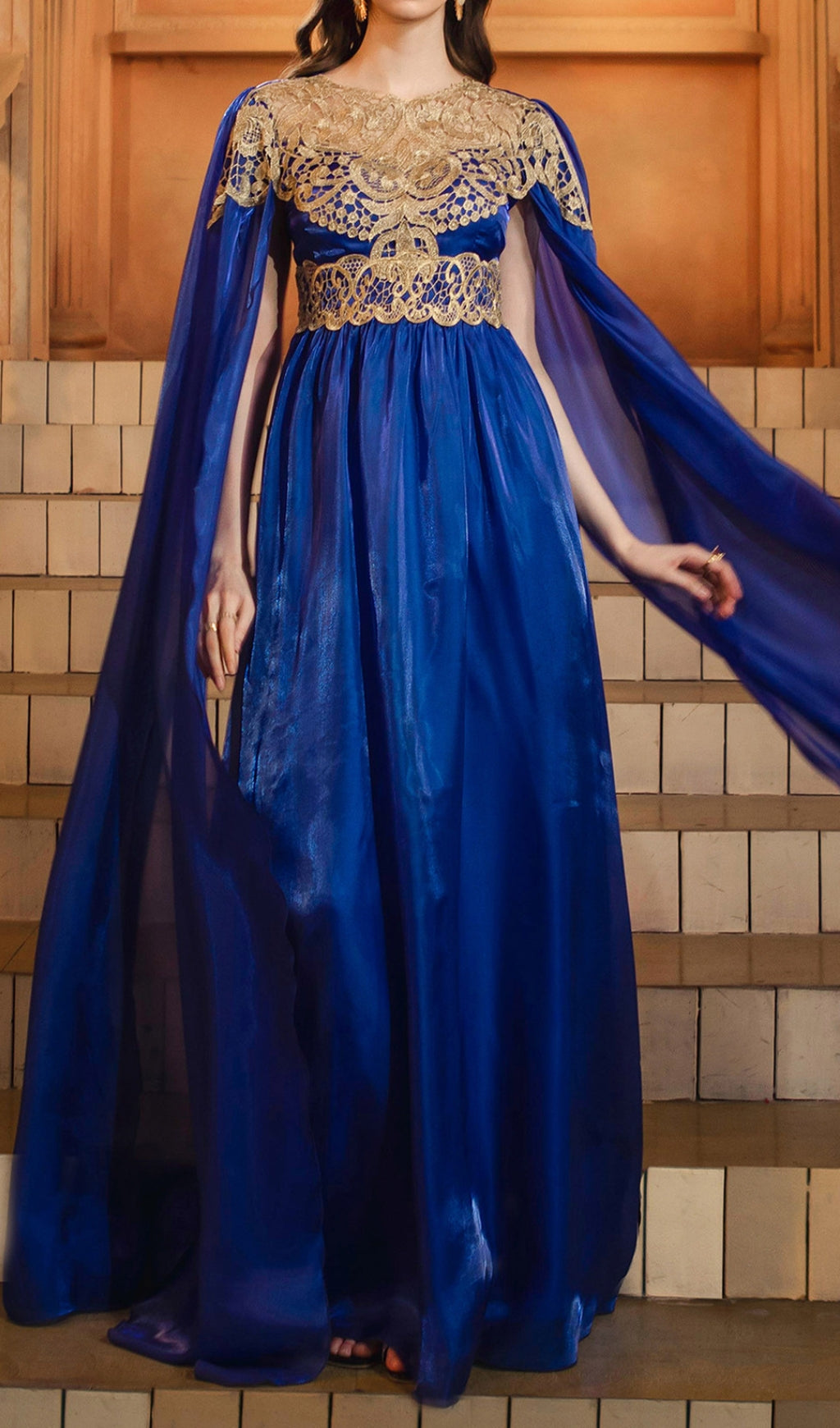 Dayana Sapphire Blue Gold Lace Maxi Gown with Ethereal Cape