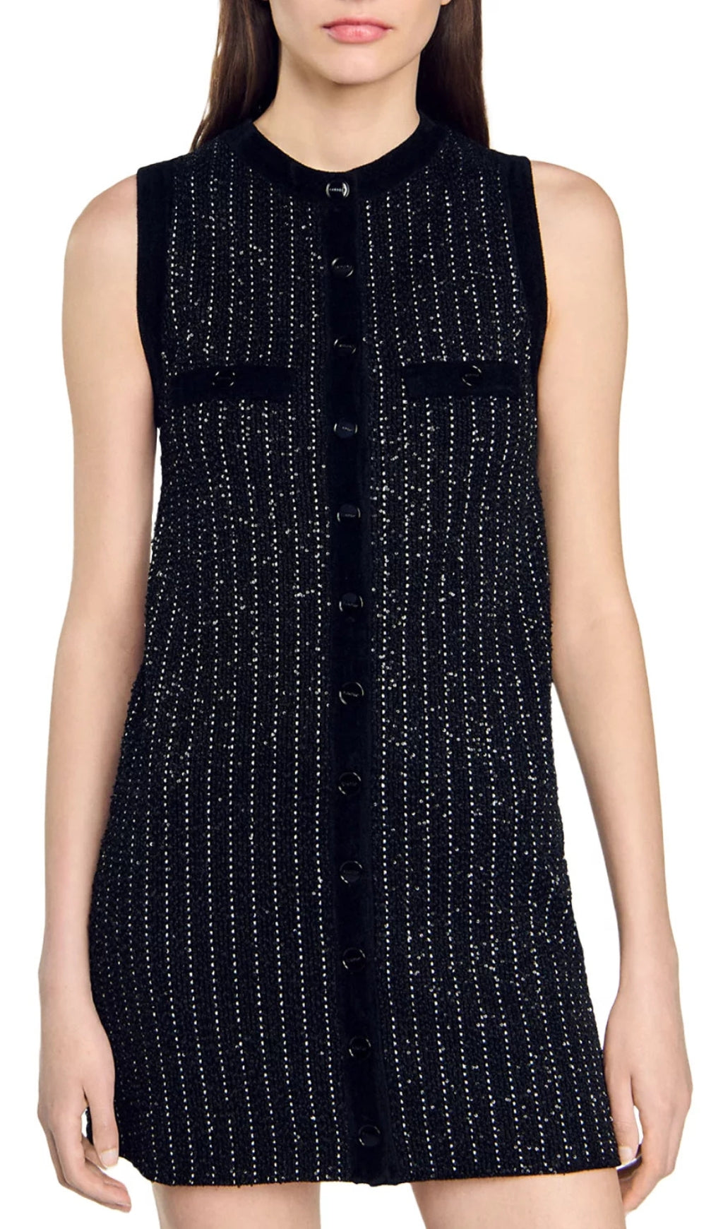 Suri Sparkle Tweed Sleeveless Mini Dress with Velvet Trim
