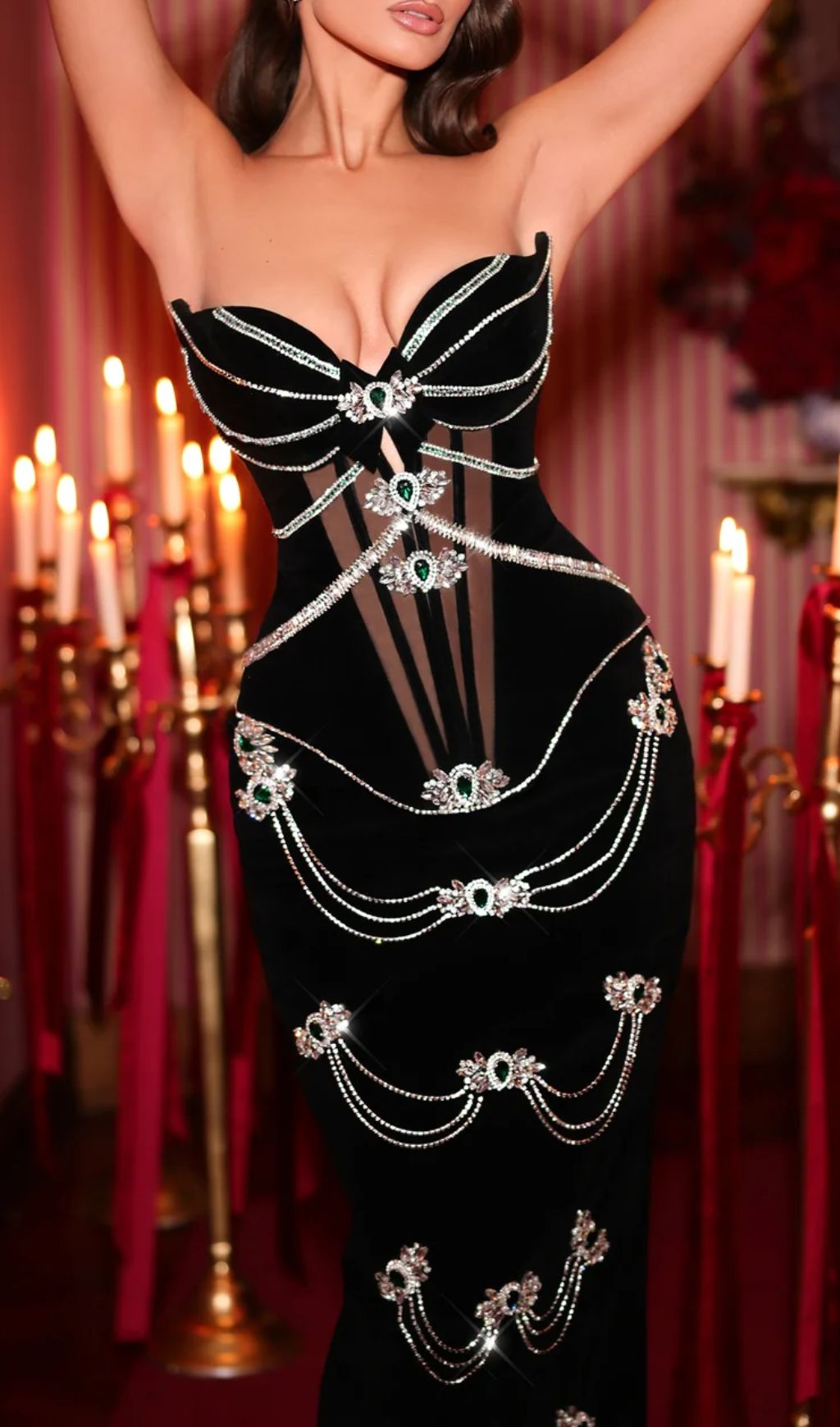 Fatima Black Emerald & Crystal Embellished Strapless Maxi Gown