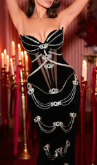 Fatima Black Emerald & Crystal Embellished Strapless Maxi Gown