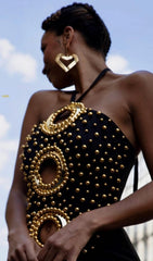 Showstopper Black Halter Embellished Maxi Dress with Daring Cut-Outs