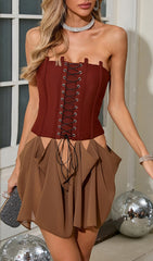 Evella Daring Lace-Up Corset Mini Dress with Sheer Ruffle Skirt