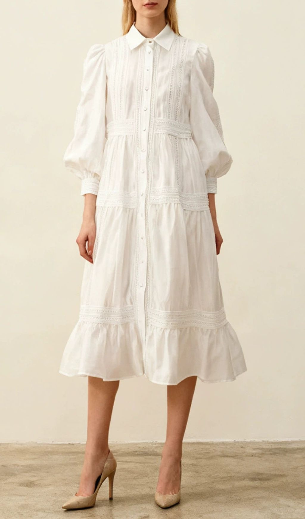 Izumi Sky Blue Lace Tiered Midi Shirtdress