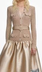 Glamorous Jetje Gold Shimmer Knit & Satin Belted Midi Dress