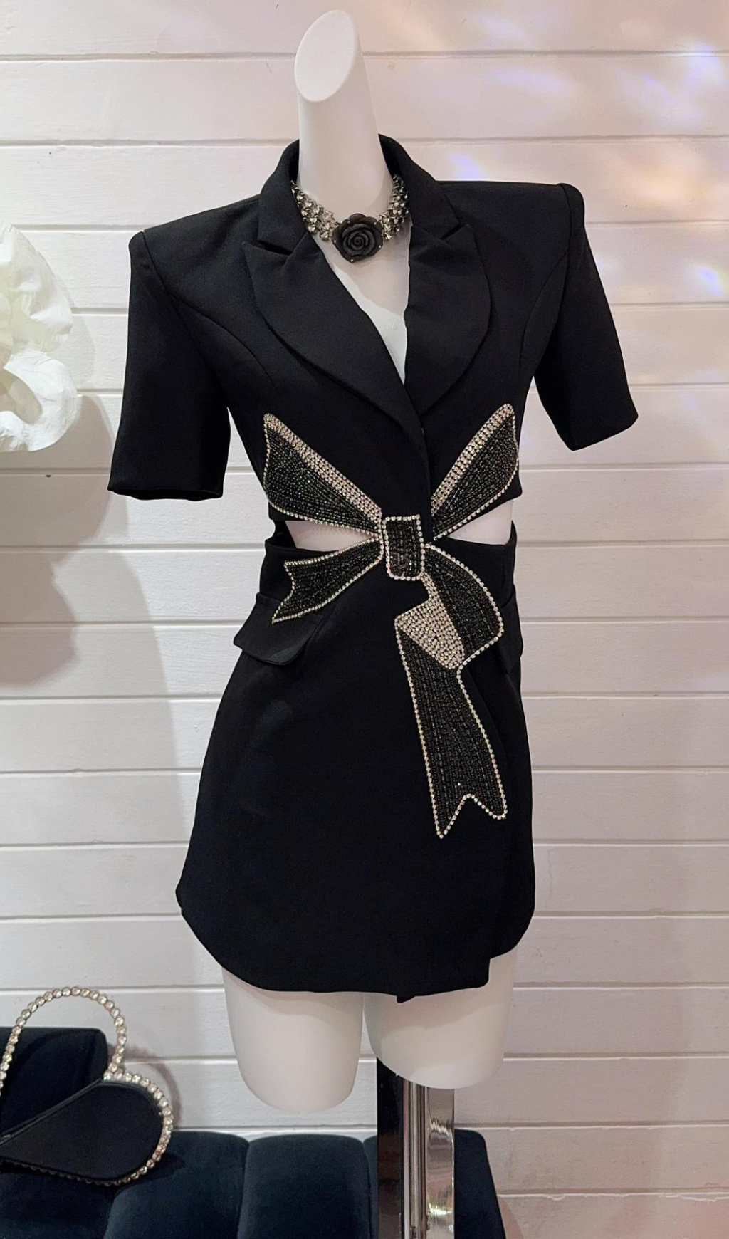 Farida Black Diamante Bow Mini Blazer Dress