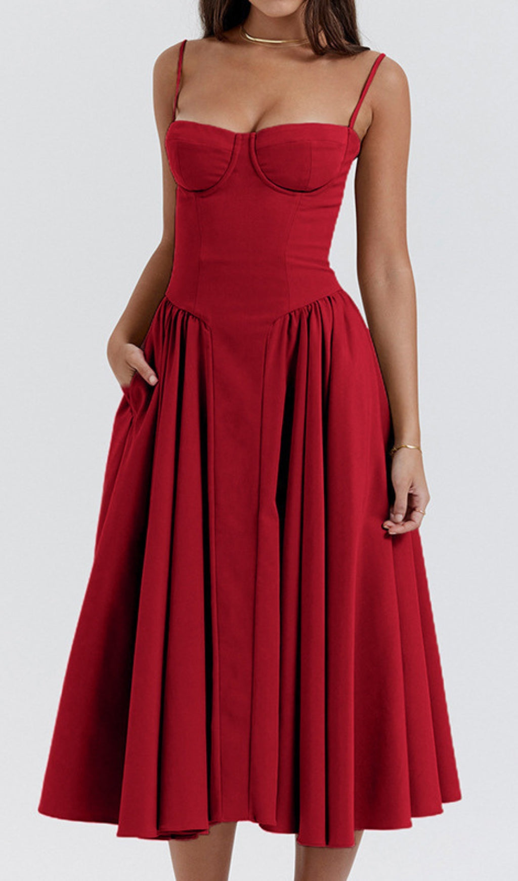 Dextra Radiant Red Strappy Bustier A-Line Midi Dress