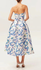 Elegant Hummingbird Floral Strapless A-Line Midi Dress