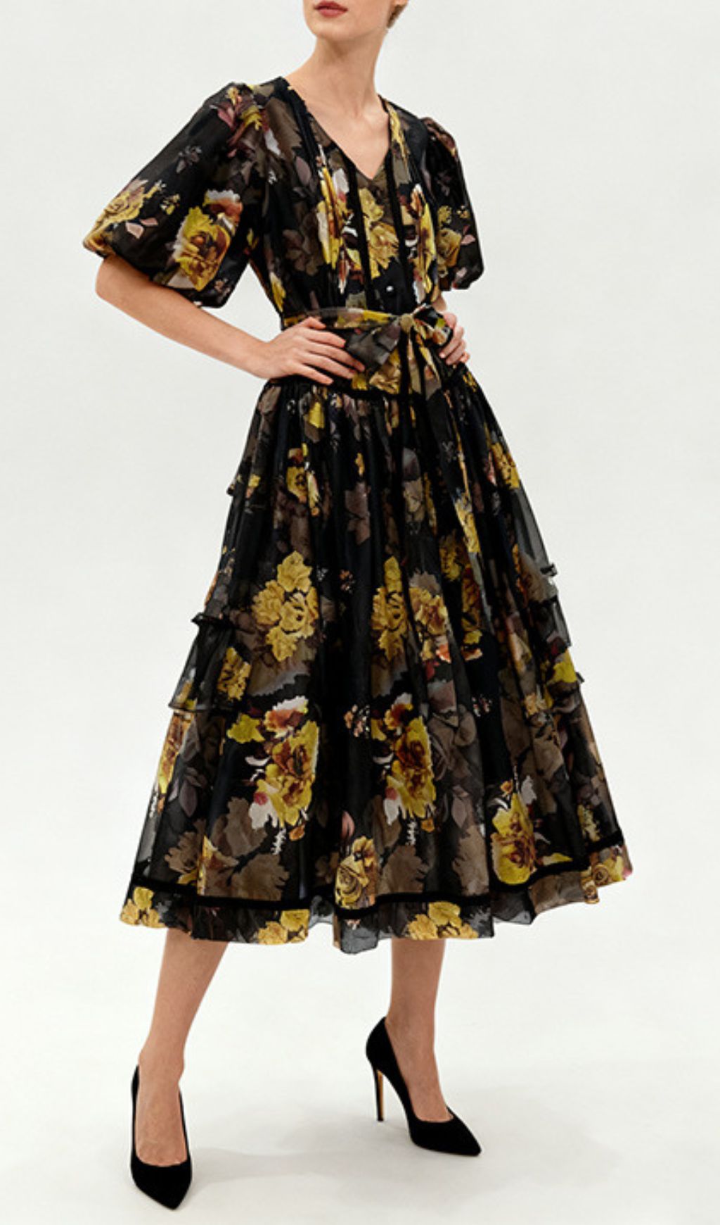 Indah Vibrant Floral Puff-Sleeve Midi Dress