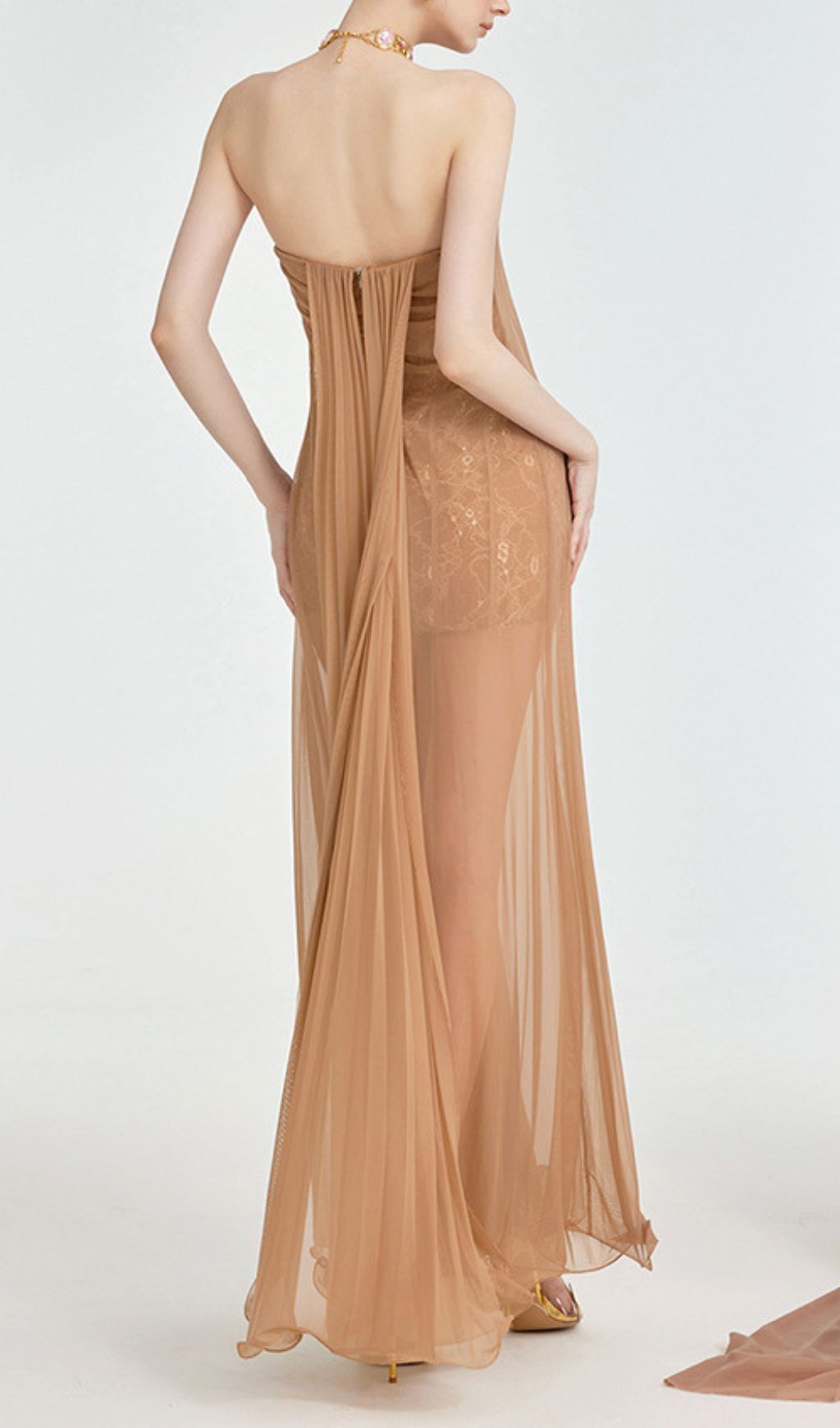 Fintan Ethereal Strapless Mesh & Lace Maxi Dress