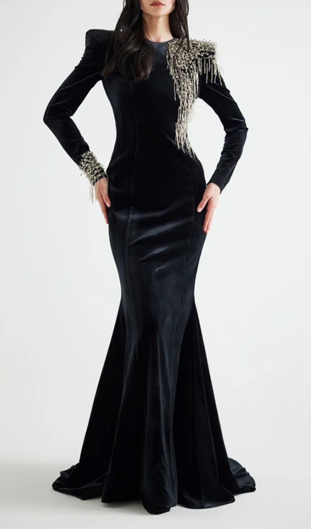 Jovia Black Velvet Beaded Maxi Gown