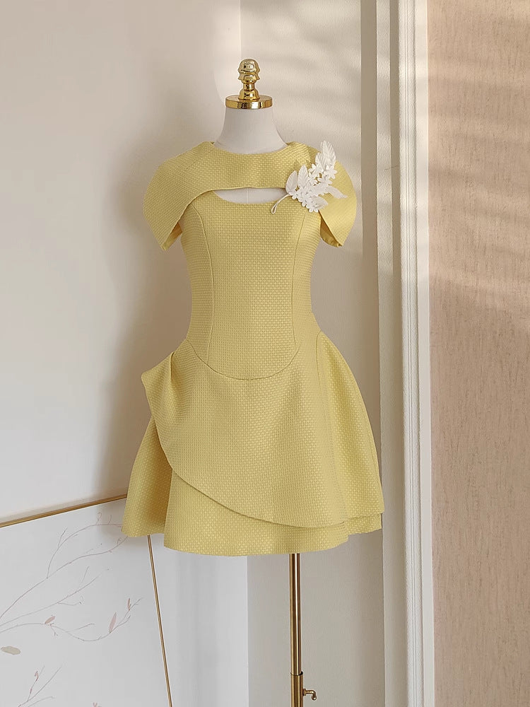 Chic Conlan Yellow Puffed Sleeve Mini Dress with Pearl Floral Accent