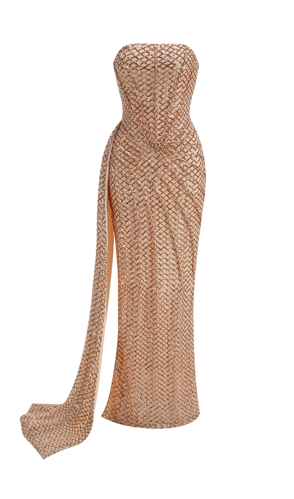 Doveva Champagne Sequin Strapless High-Slit Maxi Gown