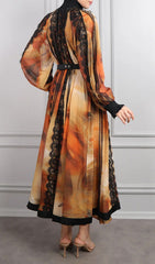 Elegant Imari Lace & Print Midi Dress