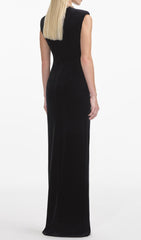 Glamorous Black Velvet Maxi Dress with Crystal Chain & Cutout Detail