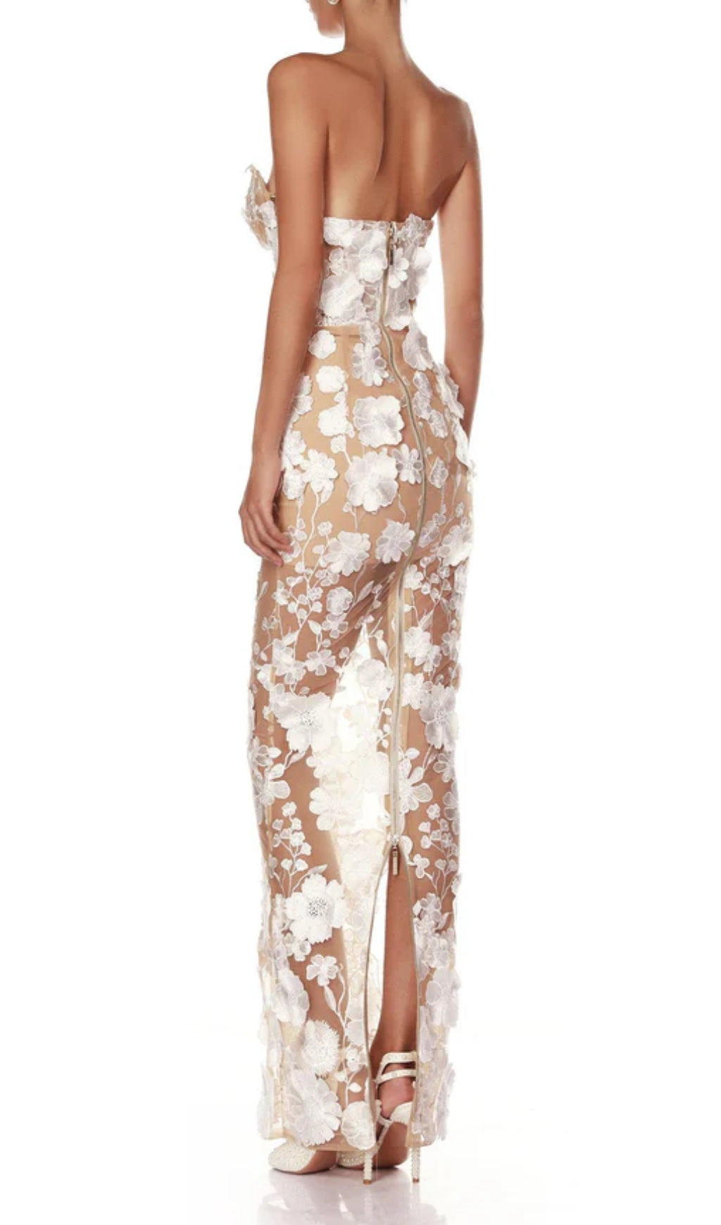 Decla Enchanting White 3D Floral Illusion Strapless Maxi Gown