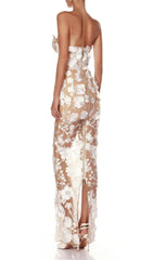Decla Enchanting White 3D Floral Illusion Strapless Maxi Gown