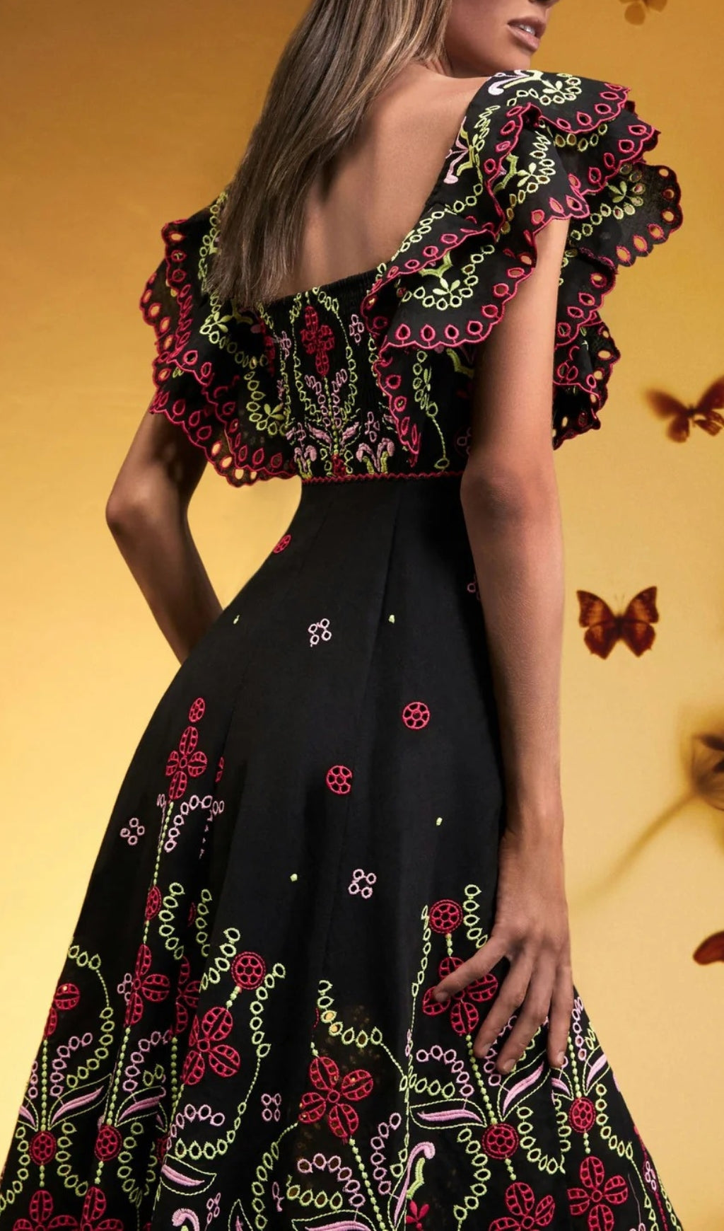 Bonnie Embroidered Ruffle Off-Shoulder Midi Dress