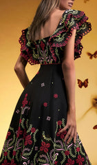 Bonnie Embroidered Ruffle Off-Shoulder Midi Dress