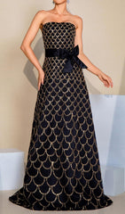 Cammy Black & Gold Scallop Sequin Strapless Maxi Gown